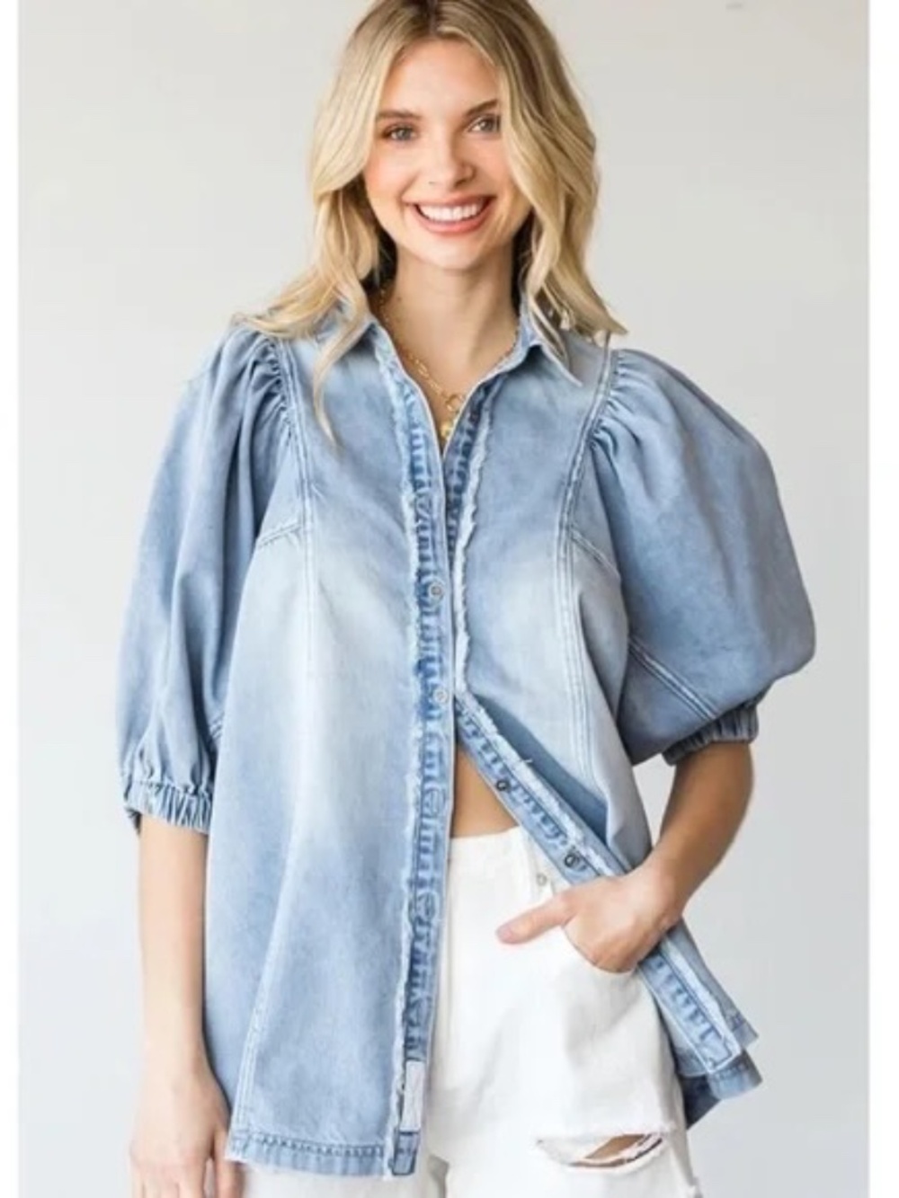 First Love Boutique Denim Blouse Medium Puff Sleeve Chambray Button Front Top